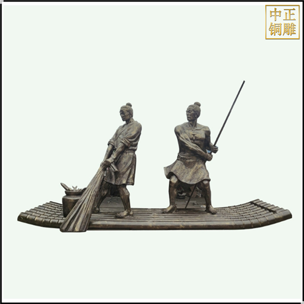 仿銅漁民劃竹筏人物雕塑